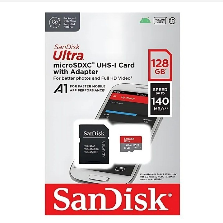 کارت حافظه 128 گیگ MicroSDXC سن دیسک مدل Ultra کلاس 10 استاندارد UHS-I U1 سرعت 140MBps ظرفیت 128 گیگابایت